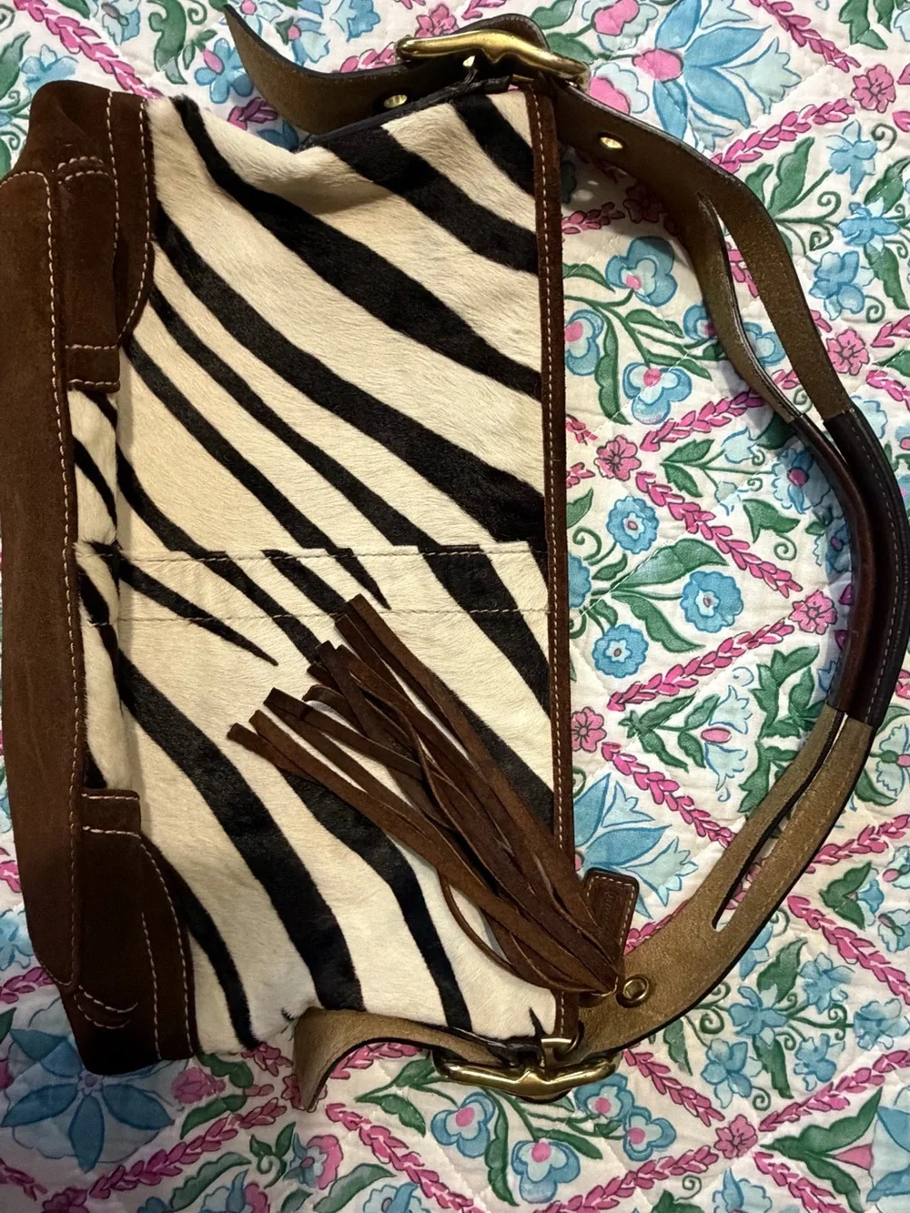 Coach Zebra Hair-On-Hide Shoulder Bag with Brown Suede Trim